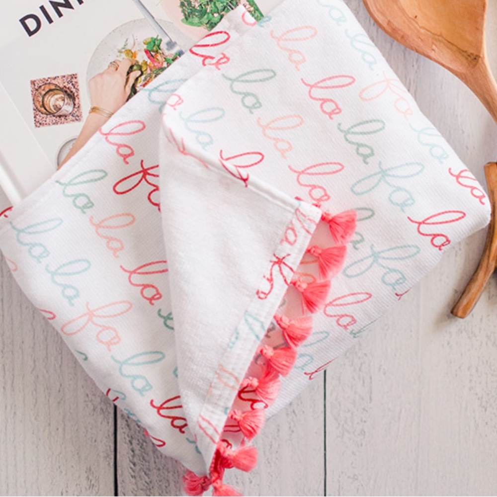 LC Lauren Conrad Holiday Dish Towel Set of 2 Fa La La La Fringe NWOT